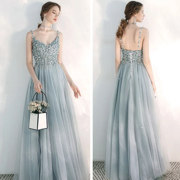 Elegant Sky Blue Evening Dresses  2020 A-Line / Princess Spaghetti Straps Sleeveless Appliques Flower Floor-Length / Long Ruffle Beading Backless Formal Dresses