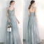 Elegant Sky Blue Evening Dresses  2020 A-Line / Princess Spaghetti Straps Sleeveless Appliques Flower Floor-Length / Long Ruffle Beading Backless Formal Dresses