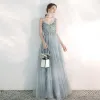 Elegant Sky Blue Evening Dresses  2020 A-Line / Princess Spaghetti Straps Sleeveless Appliques Flower Floor-Length / Long Ruffle Beading Backless Formal Dresses