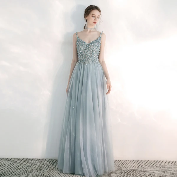 Elegant Sky Blue Evening Dresses  2020 A-Line / Princess Spaghetti Straps Sleeveless Appliques Flower Floor-Length / Long Ruffle Beading Backless Formal Dresses