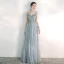 Elegant Sky Blue Evening Dresses  2020 A-Line / Princess Spaghetti Straps Sleeveless Appliques Flower Floor-Length / Long Ruffle Beading Backless Formal Dresses