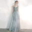 Elegant Sky Blue Evening Dresses  2020 A-Line / Princess Spaghetti Straps Sleeveless Appliques Flower Floor-Length / Long Ruffle Beading Backless Formal Dresses