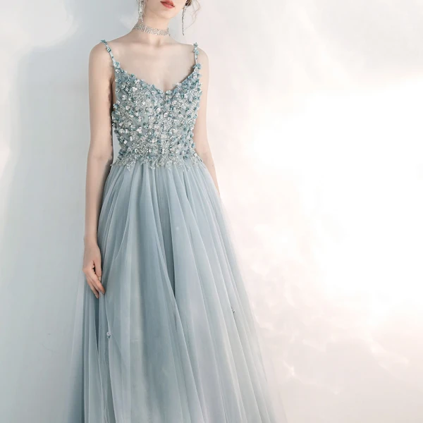 Elegant Sky Blue Evening Dresses  2020 A-Line / Princess Spaghetti Straps Sleeveless Appliques Flower Floor-Length / Long Ruffle Beading Backless Formal Dresses