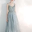 Elegant Sky Blue Evening Dresses  2020 A-Line / Princess Spaghetti Straps Sleeveless Appliques Flower Floor-Length / Long Ruffle Beading Backless Formal Dresses