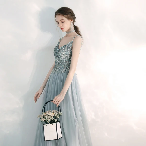 Elegant Sky Blue Evening Dresses  2020 A-Line / Princess Spaghetti Straps Sleeveless Appliques Flower Floor-Length / Long Ruffle Beading Backless Formal Dresses