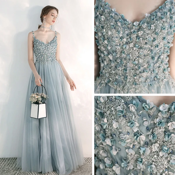 Elegant Sky Blue Evening Dresses  2020 A-Line / Princess Spaghetti Straps Sleeveless Appliques Flower Floor-Length / Long Ruffle Beading Backless Formal Dresses