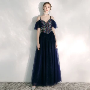 Chic Beautiful Navy Blue Evening Dresses 2020 A Line Princess Spaghetti Straps Short Sleeve Sequins Glitter Tulle Floor Length Long Ruffle Backless Formal Dresses