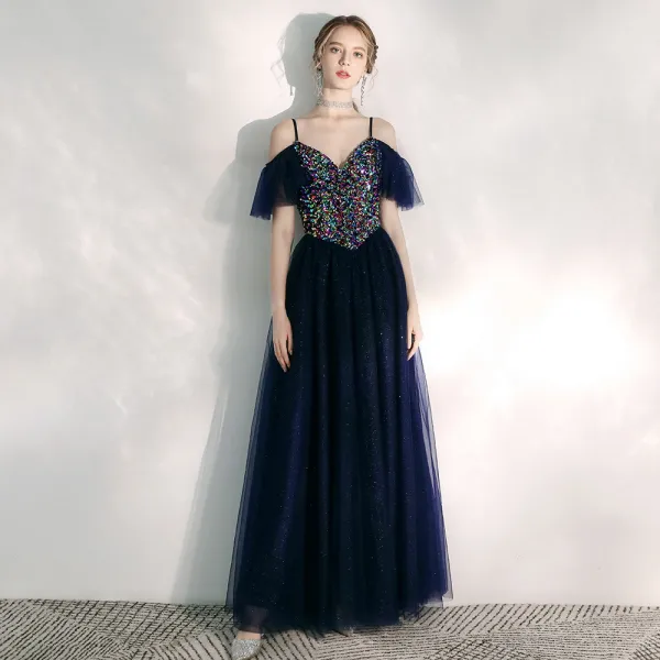 Chic / Beautiful Navy Blue Evening Dresses  2020 A-Line / Princess Spaghetti Straps Short Sleeve Sequins Glitter Tulle Floor-Length / Long Ruffle Backless Formal Dresses