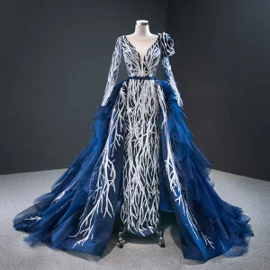 Luxe Bleu Roi Tapis Rouge Robe De Soirée 2020 Princesse Transparentes Col V Profond Manches Longues Appliques Paillettes Tribunal Train Volants En Cascade Dos Nu Robe De Ceremonie
