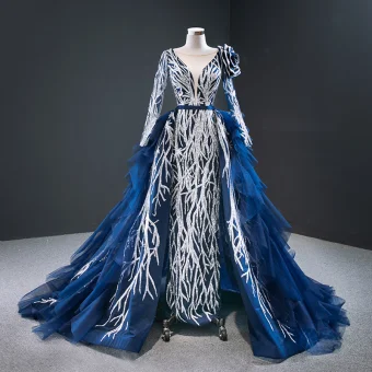 Luxury Gorgeous Royal Blue Red Carpet Evening Dresses 2020 A Line Princess See Through Deep V Neck Long Sleeve Appliques Sequins Court Train Cascading Ruffles Backless Formal Dresses