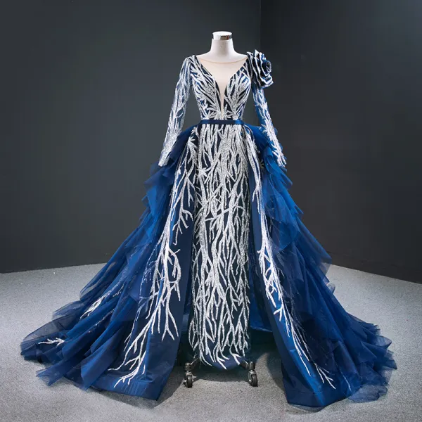 Luxury / Gorgeous Royal Blue Red Carpet Evening Dresses  2020 A-Line / Princess See-through Deep V-Neck Long Sleeve Appliques Sequins Court Train Cascading Ruffles Backless Formal Dresses
