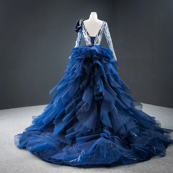 Luxe Bleu Roi Tapis rouge Robe De Soirée 2020 Princesse Transparentes Col v profond Manches Longues Appliques Paillettes Tribunal Train Volants en Cascade Dos Nu Robe De Ceremonie