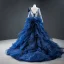 Luxe Bleu Roi Tapis rouge Robe De Soirée 2020 Princesse Transparentes Col v profond Manches Longues Appliques Paillettes Tribunal Train Volants en Cascade Dos Nu Robe De Ceremonie