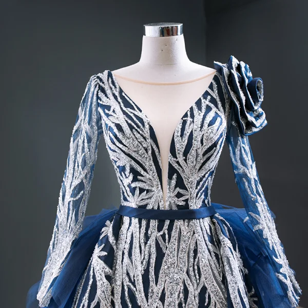 Luxe Bleu Roi Tapis rouge Robe De Soirée 2020 Princesse Transparentes Col v profond Manches Longues Appliques Paillettes Tribunal Train Volants en Cascade Dos Nu Robe De Ceremonie