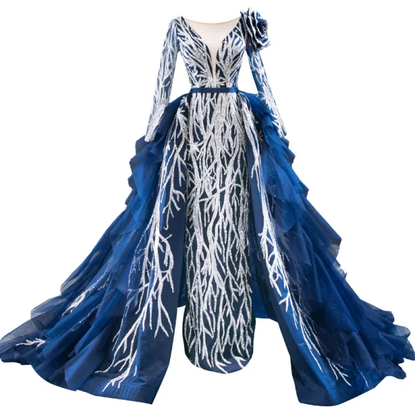 Luxe Bleu Roi Tapis rouge Robe De Soirée 2020 Princesse Transparentes Col v profond Manches Longues Appliques Paillettes Tribunal Train Volants en Cascade Dos Nu Robe De Ceremonie