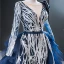 Luxe Bleu Roi Tapis rouge Robe De Soirée 2020 Princesse Transparentes Col v profond Manches Longues Appliques Paillettes Tribunal Train Volants en Cascade Dos Nu Robe De Ceremonie