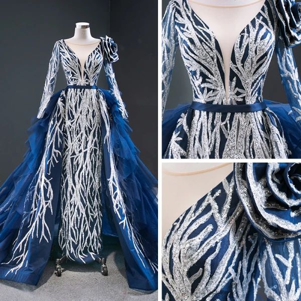Luxe Bleu Roi Tapis rouge Robe De Soirée 2020 Princesse Transparentes Col v profond Manches Longues Appliques Paillettes Tribunal Train Volants en Cascade Dos Nu Robe De Ceremonie