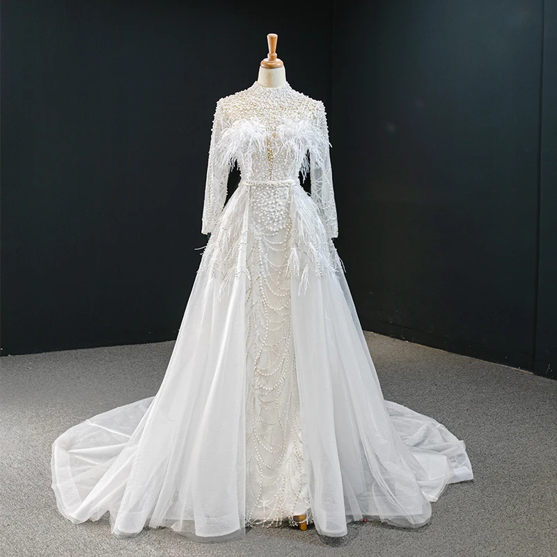 knee length dresses for ladies Feather Sleeve Bridal Robe with Long Train main image 1