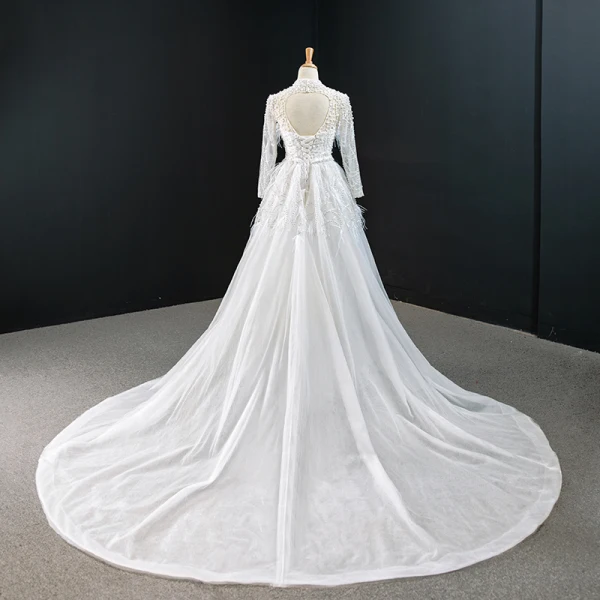 Luxus / Herrlich Weiß Perle Feder Brautkleider / Hochzeitskleider 2020 A Linie Stehkragen Lange Ärmel Rückenfreies Pailletten Abnehmbar Hof-Schleppe Rüschen