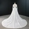 Luxury / Gorgeous White Pearl Feather Wedding Dresses 2020 A-Line / Princess High Neck Long Sleeve Backless Sequins Detachable Court Train Ruffle