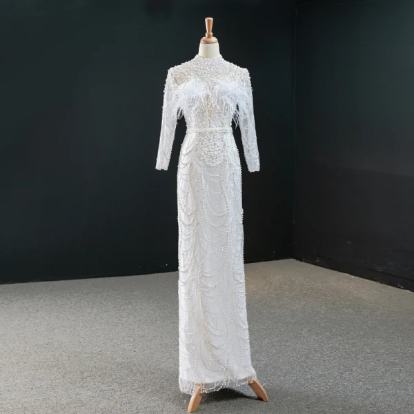 Luxus / Herrlich Weiß Perle Feder Brautkleider / Hochzeitskleider 2020 A Linie Stehkragen Lange Ärmel Rückenfreies Pailletten Abnehmbar Hof-Schleppe Rüschen