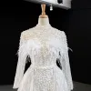 Luxury / Gorgeous White Pearl Feather Wedding Dresses 2020 A-Line / Princess High Neck Long Sleeve Backless Sequins Detachable Court Train Ruffle