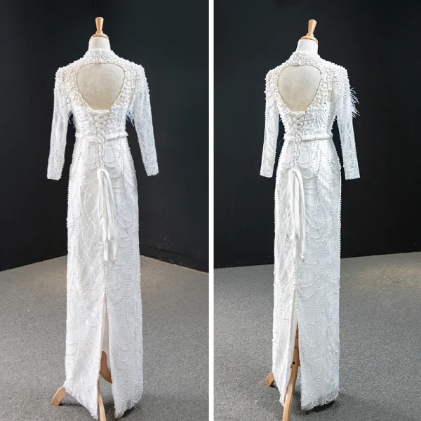 Luxus / Herrlich Weiß Perle Feder Brautkleider / Hochzeitskleider 2020 A Linie Stehkragen Lange Ärmel Rückenfreies Pailletten Abnehmbar Hof-Schleppe Rüschen