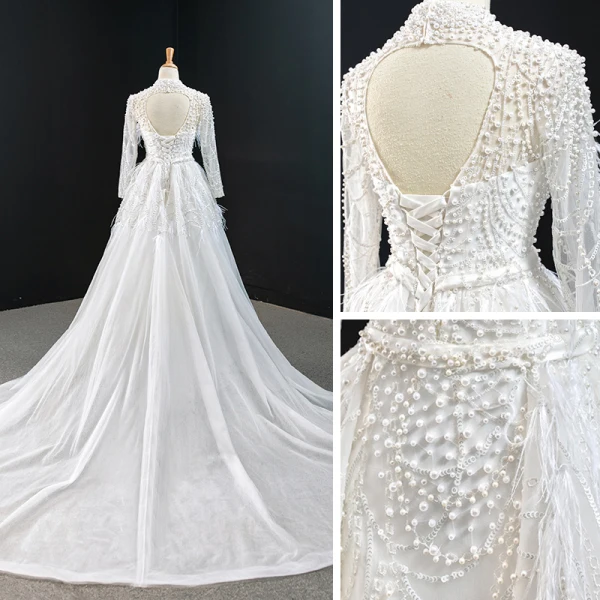 Luxus / Herrlich Weiß Perle Feder Brautkleider / Hochzeitskleider 2020 A Linie Stehkragen Lange Ärmel Rückenfreies Pailletten Abnehmbar Hof-Schleppe Rüschen