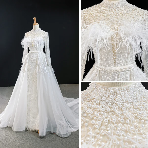 Luxus / Herrlich Weiß Perle Feder Brautkleider / Hochzeitskleider 2020 A Linie Stehkragen Lange Ärmel Rückenfreies Pailletten Abnehmbar Hof-Schleppe Rüschen