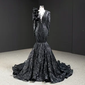 Luxe Noire Tapis Rouge Robe De Soirée 2020 Trompette Sirène Transparentes Col V Profond Manches Longues Appliques Paillettes Tribunal Train Volants Robe De Ceremonie
