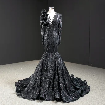 Luxe Noire Tapis Rouge Robe De Soirée 2020 Trompette Sirène Transparentes Col V Profond Manches Longues Appliques Paillettes Tribunal Train Volants Robe De Ceremonie