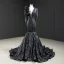 Luxe Noire Tapis rouge Robe De Soirée 2020 Trompette / Sirène Transparentes Col v profond Manches Longues Appliques Paillettes Tribunal Train Volants Robe De Ceremonie