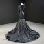 Luxe Noire Tapis rouge Robe De Soirée 2020 Trompette / Sirène Transparentes Col v profond Manches Longues Appliques Paillettes Tribunal Train Volants Robe De Ceremonie