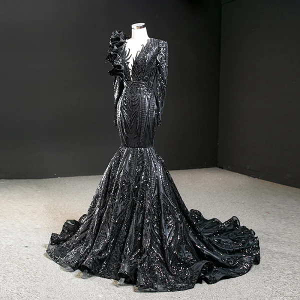 Luxe Noire Tapis rouge Robe De Soirée 2020 Trompette / Sirène Transparentes Col v profond Manches Longues Appliques Paillettes Tribunal Train Volants Robe De Ceremonie