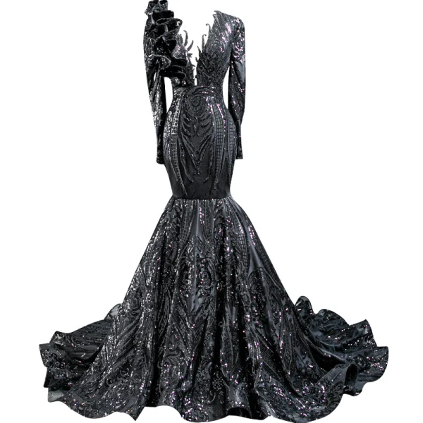 Luxe Noire Tapis rouge Robe De Soirée 2020 Trompette / Sirène Transparentes Col v profond Manches Longues Appliques Paillettes Tribunal Train Volants Robe De Ceremonie