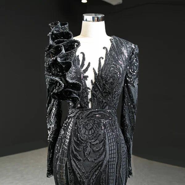 Luxe Noire Tapis rouge Robe De Soirée 2020 Trompette / Sirène Transparentes Col v profond Manches Longues Appliques Paillettes Tribunal Train Volants Robe De Ceremonie