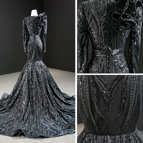 Luxe Noire Tapis rouge Robe De Soirée 2020 Trompette / Sirène Transparentes Col v profond Manches Longues Appliques Paillettes Tribunal Train Volants Robe De Ceremonie