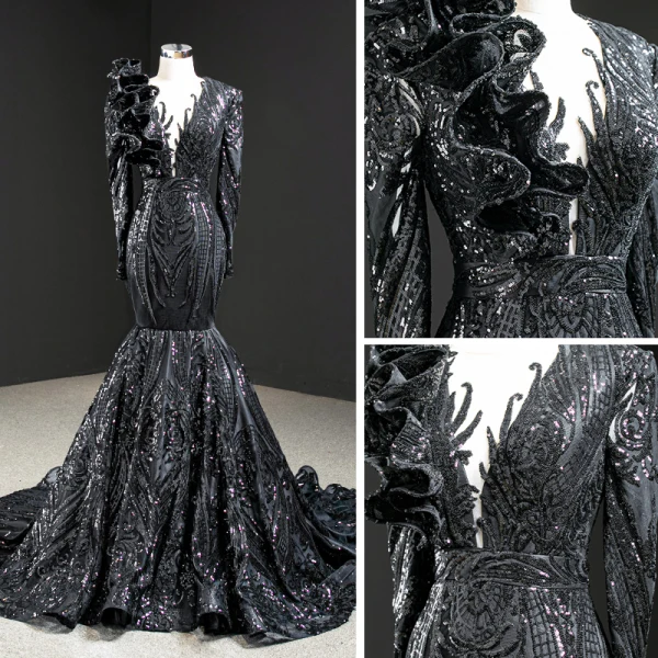 Luxe Noire Tapis rouge Robe De Soirée 2020 Trompette / Sirène Transparentes Col v profond Manches Longues Appliques Paillettes Tribunal Train Volants Robe De Ceremonie