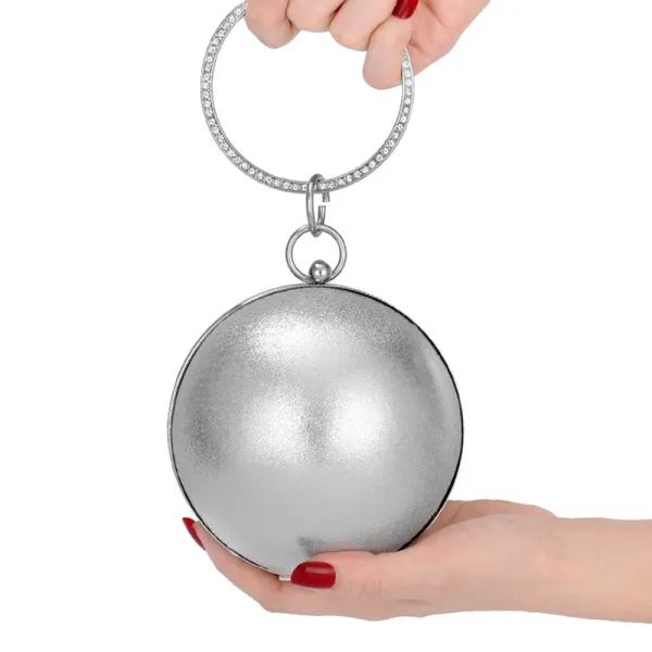 Modest / Simple Silver Patent Leather Round Clutch Bags 2020 Metal Rhinestone