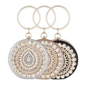 Tradisjonell Runde Glitter Håndvesken 2020 Metall Perle Rhinestone