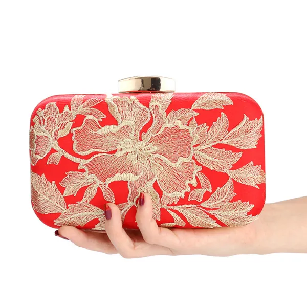 Elegant Red Embroidered Flower Square Clutch Bags 2020