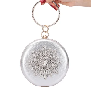Piękne Srebrny Skóry Lakierowanej Okrągłe Kopertówki 2020 Metal Rhinestone