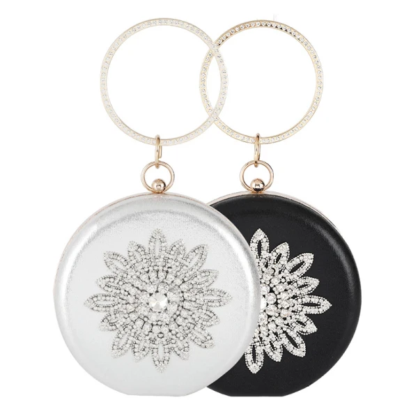 Chic / Beautiful Silver Patent Leather Round Clutch Bags 2020 Metal Rhinestone