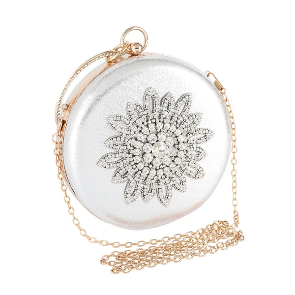 Chic / Beautiful Silver Patent Leather Round Clutch Bags 2020 Metal Rhinestone