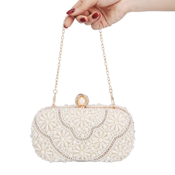 Elegant Ivory Square Wedding Clutch Bags 2020 Metal Rhinestone Pearl