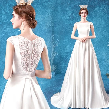 Affordable Ivory Satin Bridal Wedding Dresses 2020 A Line Princess Scoop Neck Sleeveless Pierced Appliques Lace Sweep Train Ruffle