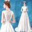 Affordable Ivory Satin Bridal Wedding Dresses 2020 A-Line / Princess Scoop Neck Sleeveless Pierced Appliques Lace Sweep Train Ruffle