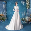Affordable Ivory Satin Bridal Wedding Dresses 2020 A-Line / Princess Scoop Neck Sleeveless Pierced Appliques Lace Sweep Train Ruffle
