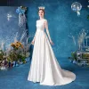 Affordable Ivory Satin Bridal Wedding Dresses 2020 A-Line / Princess Scoop Neck Sleeveless Pierced Appliques Lace Sweep Train Ruffle
