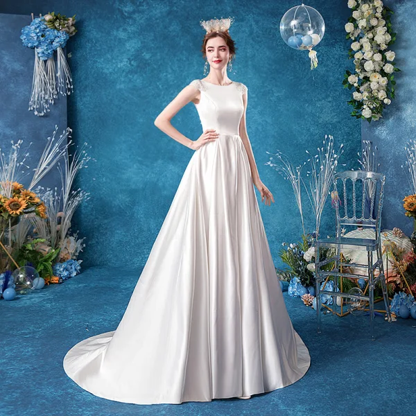Affordable Ivory Satin Bridal Wedding Dresses 2020 A-Line / Princess Scoop Neck Sleeveless Pierced Appliques Lace Sweep Train Ruffle